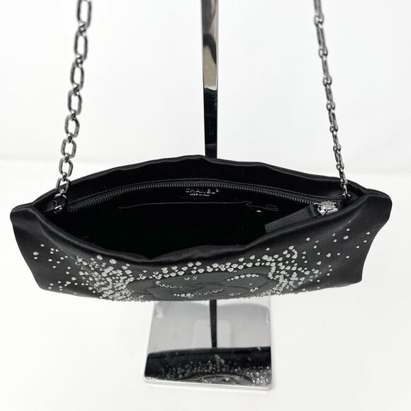 Chanel Satin Crystal Camellia Evening Bag Black Rare Chain Strap Clutch - Picture 9 of 13